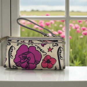 Coach Poppy Floral Print Wristlet One Size Beige Pink Vintage